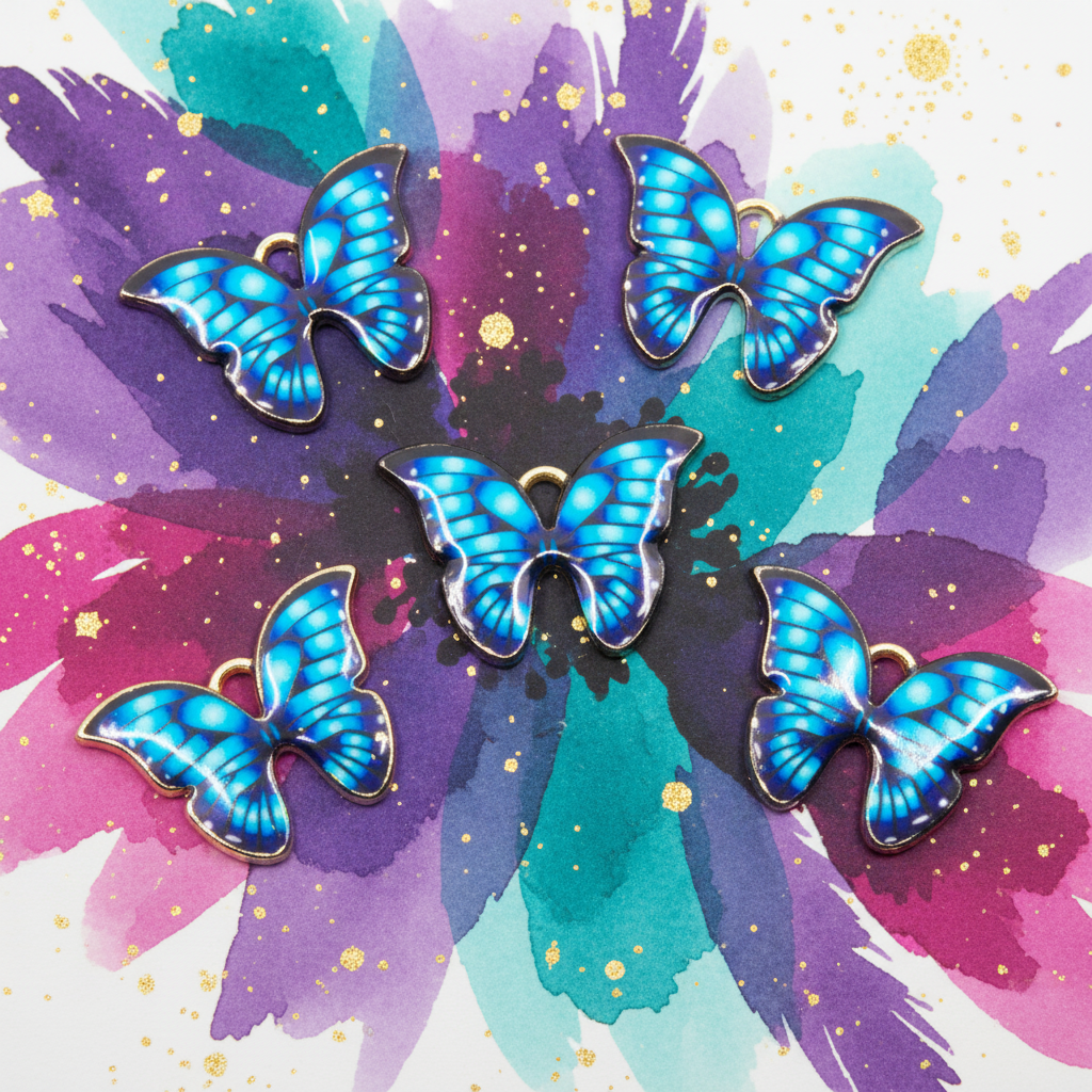 Five blue butterfly-shaped jewelry charms  arranged on a colorful watercolor background of purple, teal, and pink with gold speckles.