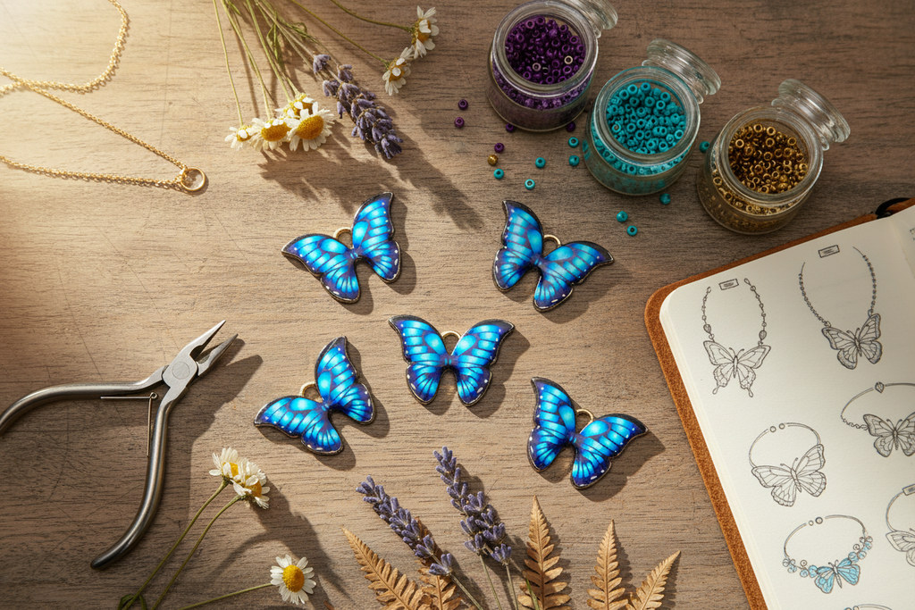 Five blue butterfly-shaped jewelry charms arranged on a wooden tabletop with craft supplies, including pliers, beads in jars, dried flowers, and an open sketchbook showing butterfly necklace designs.