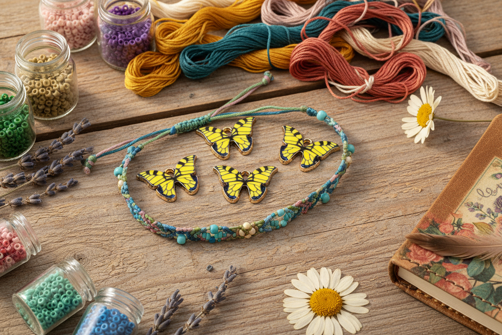 four yellow and black butterfly enamel charms in the center of a handmade bracelet surround by thread and end beads. 