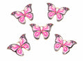 Five butterfly charms with pink e wings, black borders, and gold metal outlines, arranged on a plain white background.