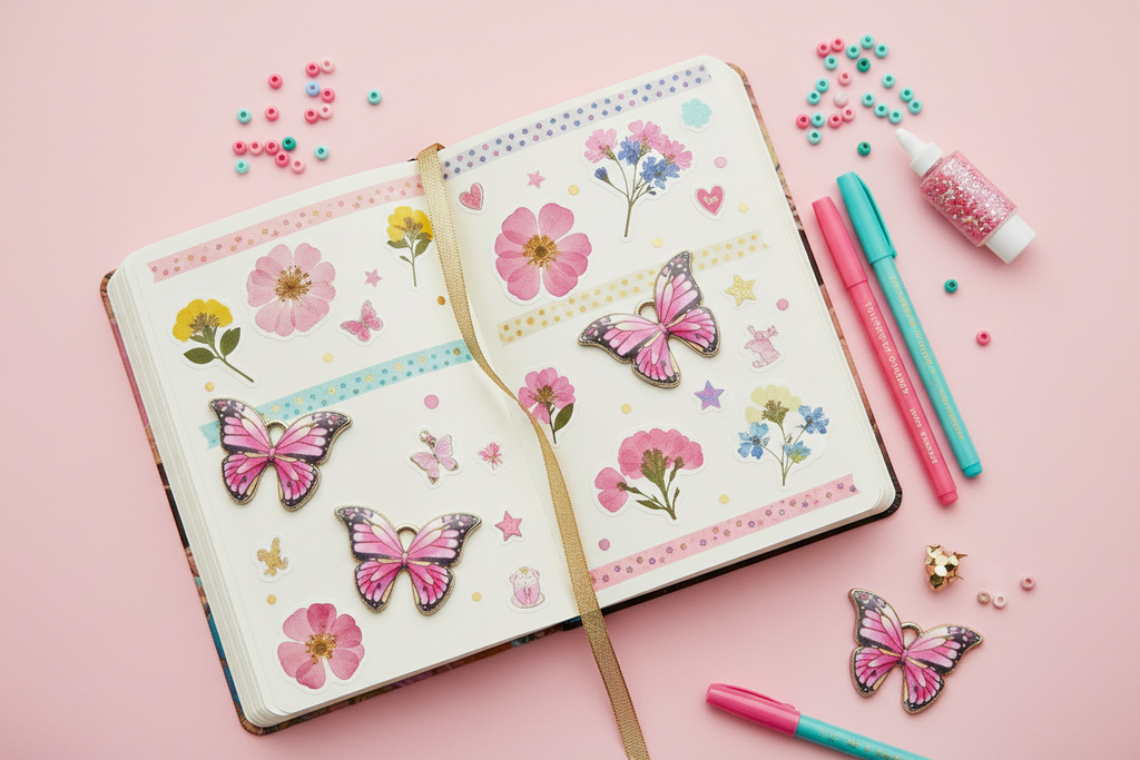 An open planner or journal decorated with pink butterfly charms, floral washi tape, and pastel accents, styled on a pink background with pens, beads, and glitter nearby.