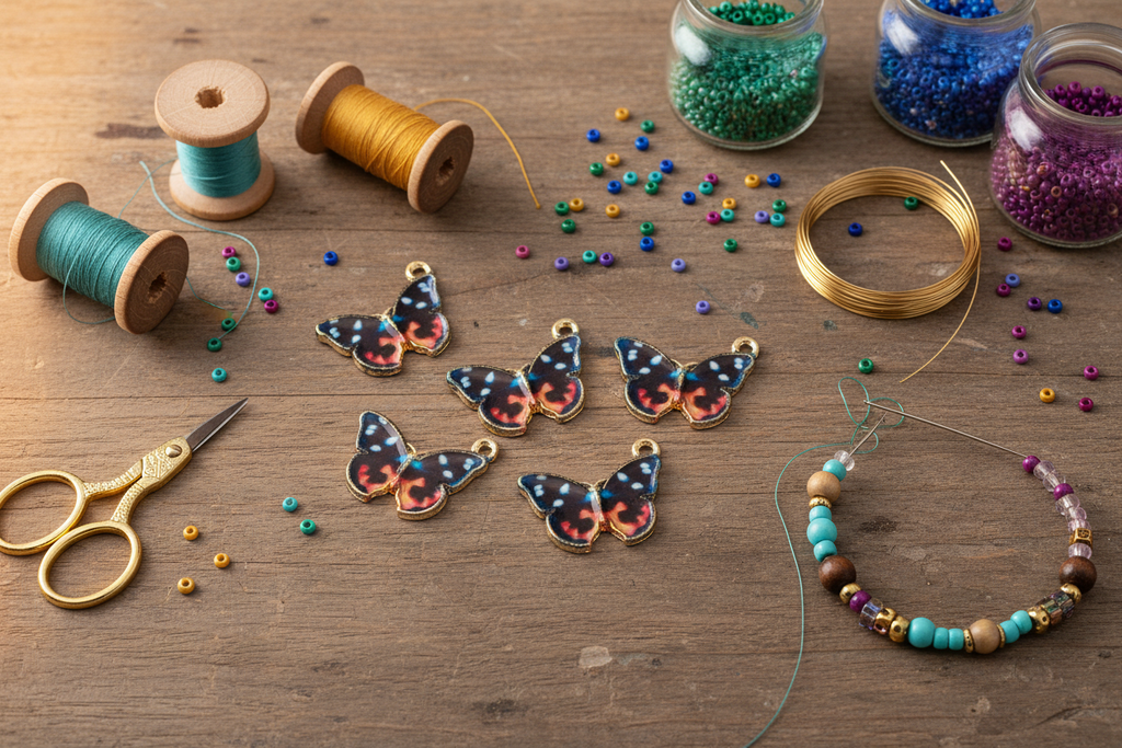 Five butterfly-shaped jewelry charms with a black and orange pattern are arranged on a rustic wooden table alongside crafting supplies, including spools of thread, scissors, colorful beads in jars, and a beaded bracelet.