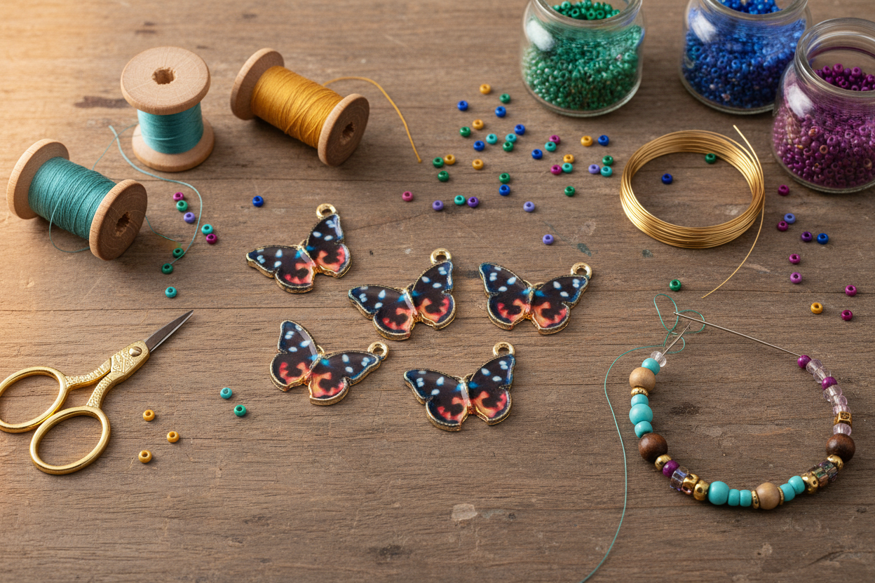 Five butterfly-shaped jewelry charms with a black and orange pattern are arranged on a rustic wooden table alongside crafting supplies, including spools of thread, scissors, colorful beads in jars, and a beaded bracelet.