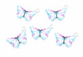 Five butterfly-shaped jewelry charms with silver-toned metal loops, featuring light blue, purple, and white wing patterns on a white background.