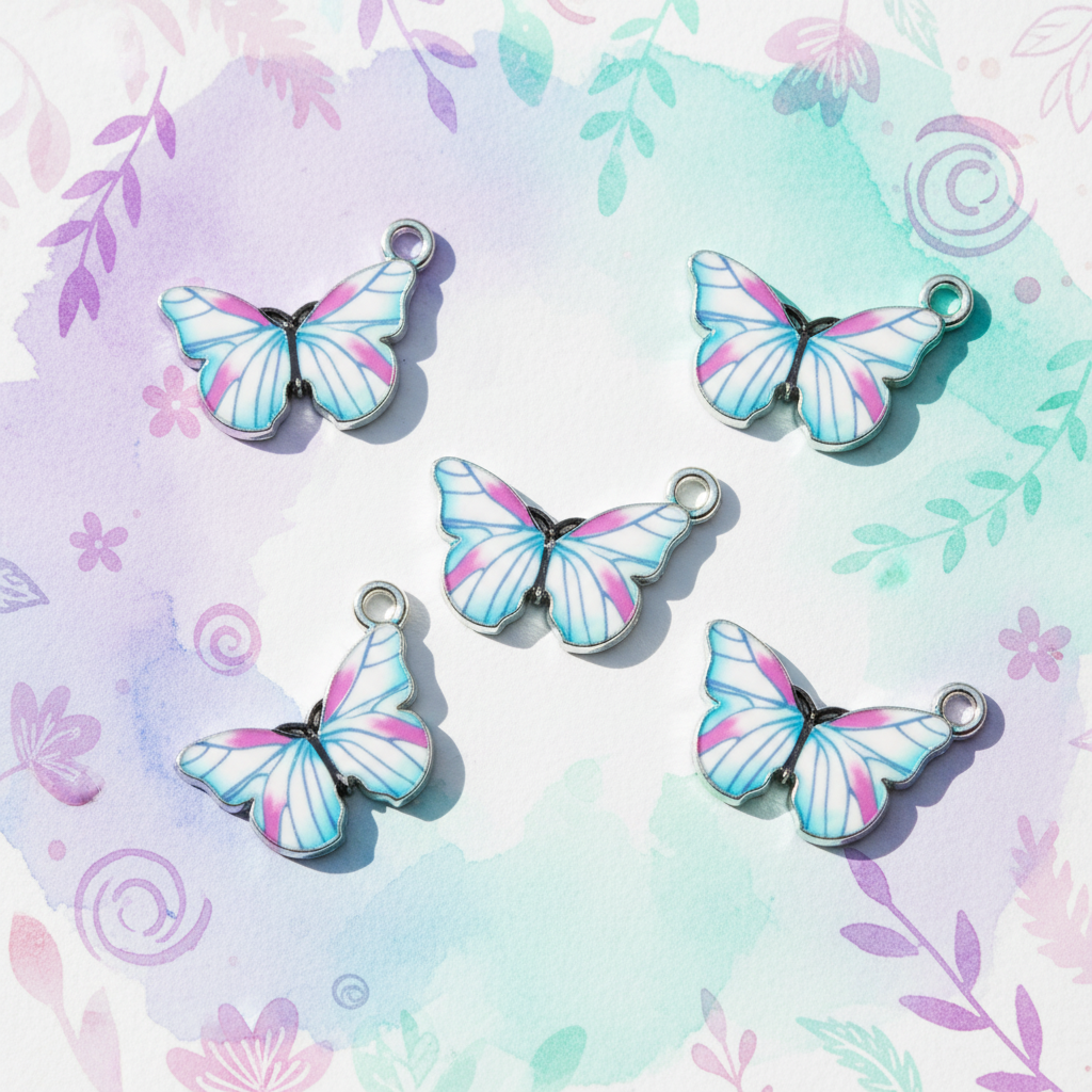 Five butterfly-shaped jewelry charms with silver-toned metal loops, decorated with light blue, purple, and white wing patterns, arranged on a pastel watercolor background with floral motifs.