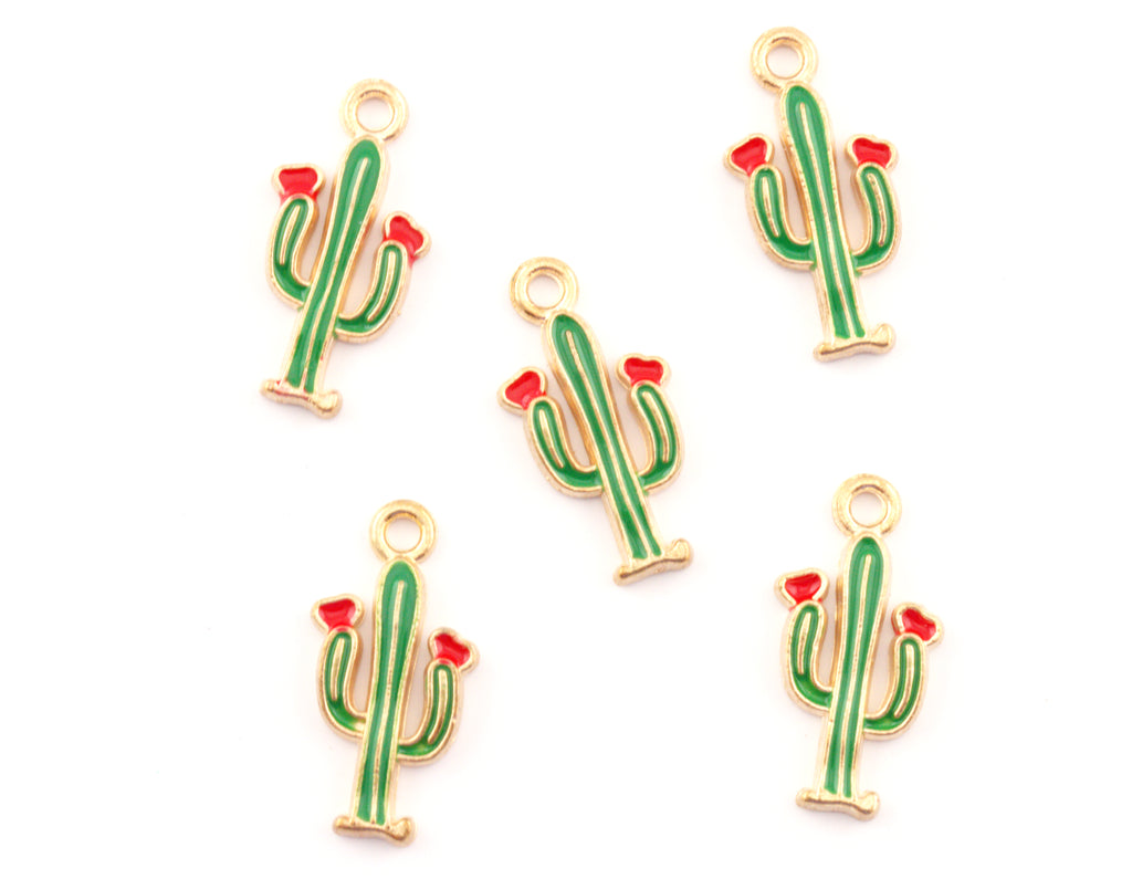 Five small cactus charms with green bodies, red flowers, and gold-tone outlines on a plain white background.
