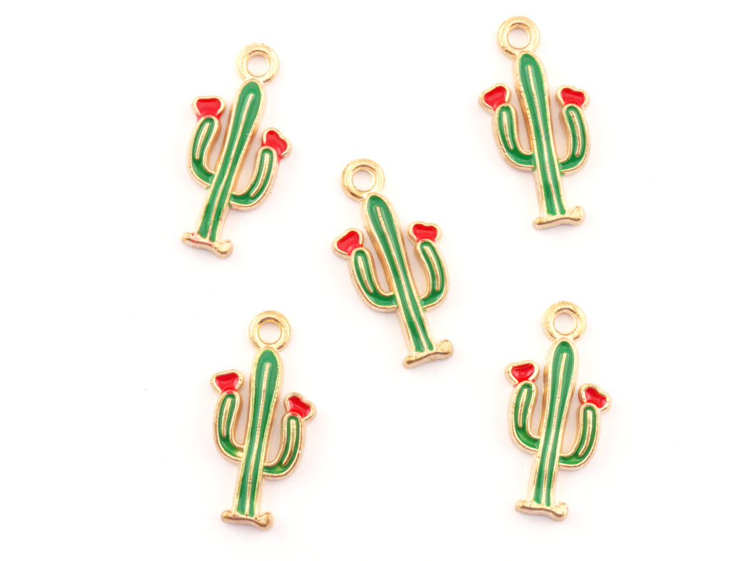 Five small cactus charms with green bodies, red flowers, and gold-tone outlines on a plain white background.