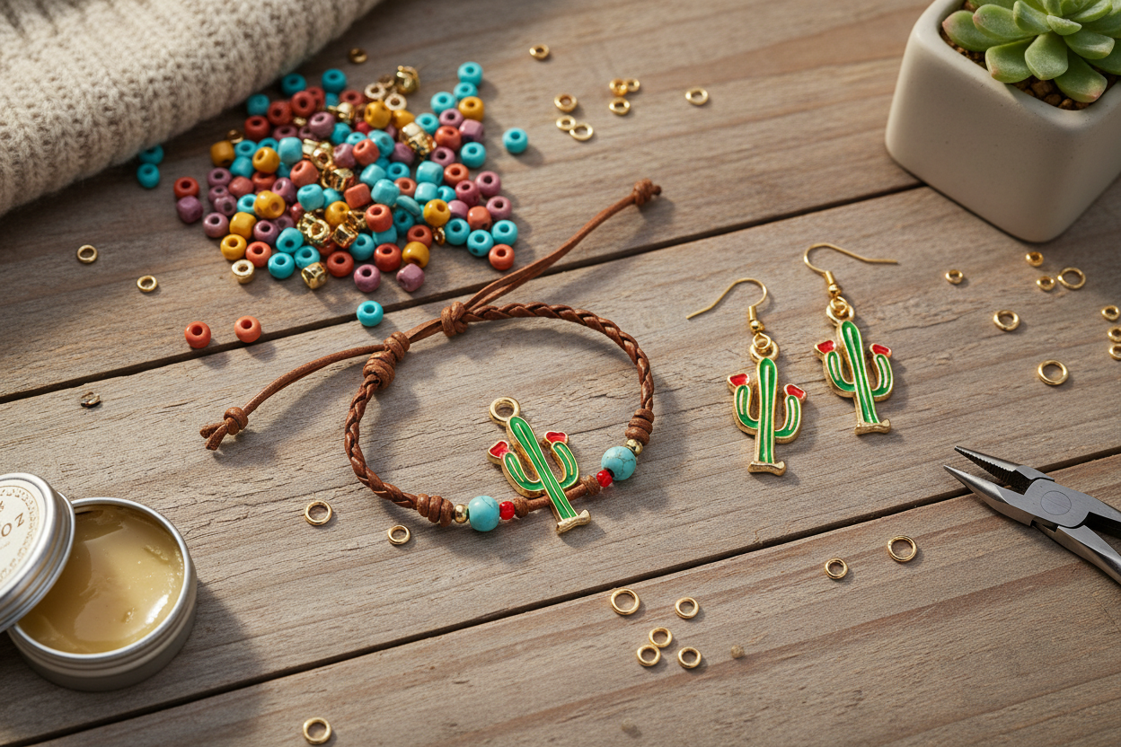 A handmade jewelry set featuring a brown braided cord bracelet and matching drop earrings with green cactus charms, displayed on a rustic wooden table alongside beads, jump rings, pliers, and a small pot.