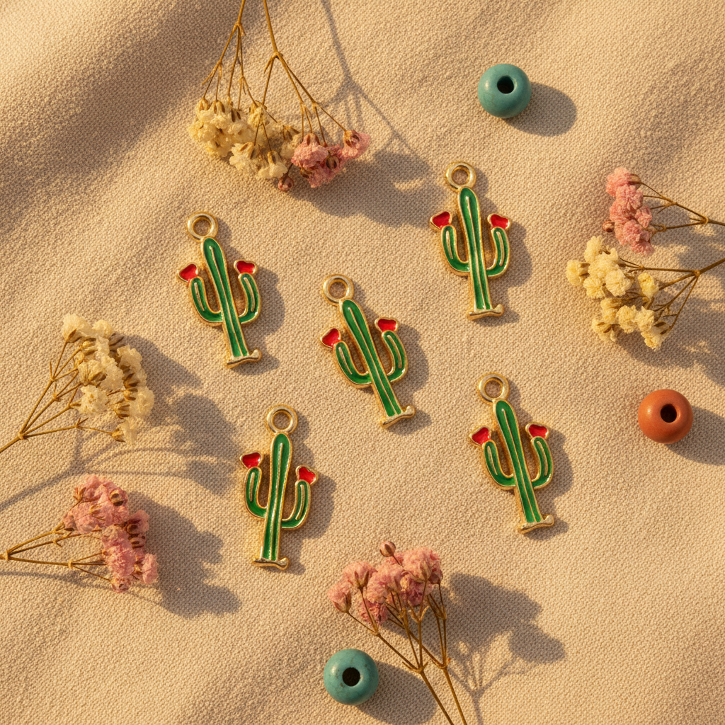 Five green cactus-shaped jewelry charms with red flowers and gold-tone loops, arranged on a beige textured surface with dried flowers and small teal and orange beads.