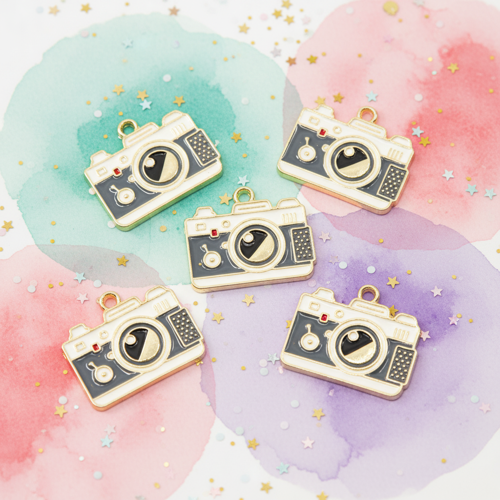 five gray and white enamel camera charms shown on a pastel watercolor background with purple, red and green spots. 