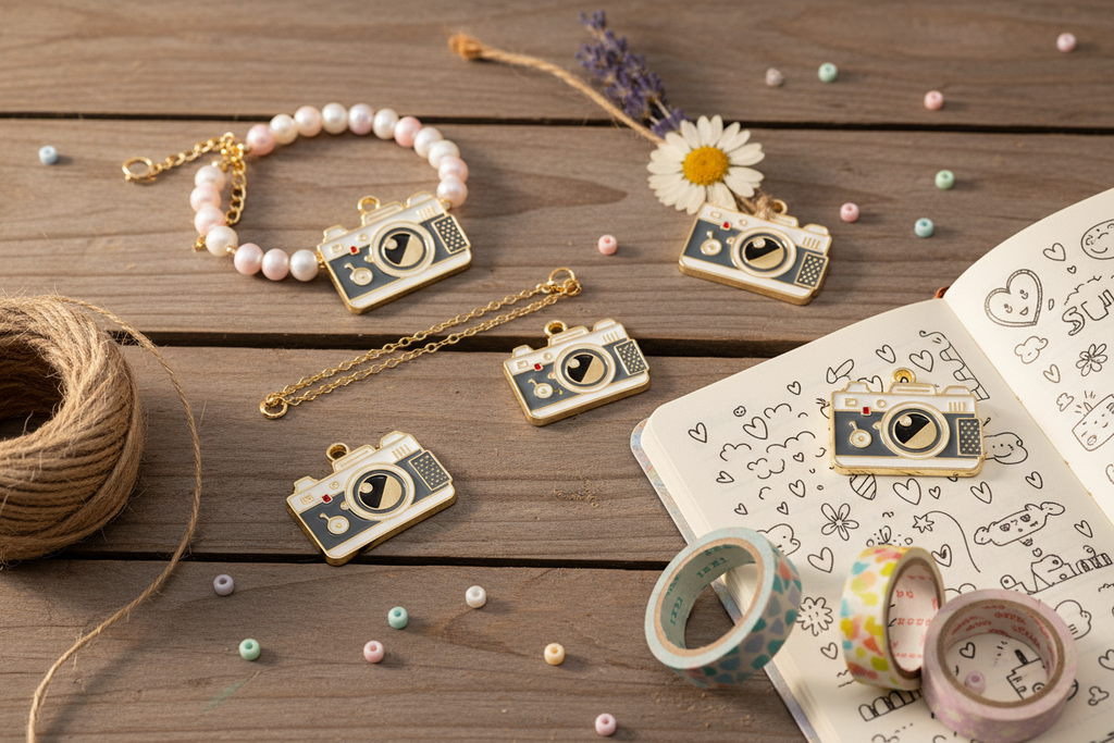 A styled flat-lay of camera-shaped jewelry charms on a rustic wooden surface, including a bracelet, necklace, and earrings, alongside washi tape, twine, beads, and an open sketchbook.