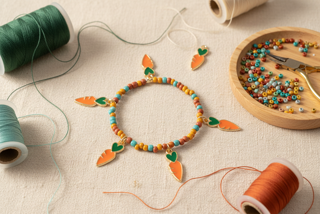 A handmade beaded bracelet with carrot charms is displayed on a textured cream fabric, surrounded by spools of thread and a wooden tray of colorful beads and small tools.