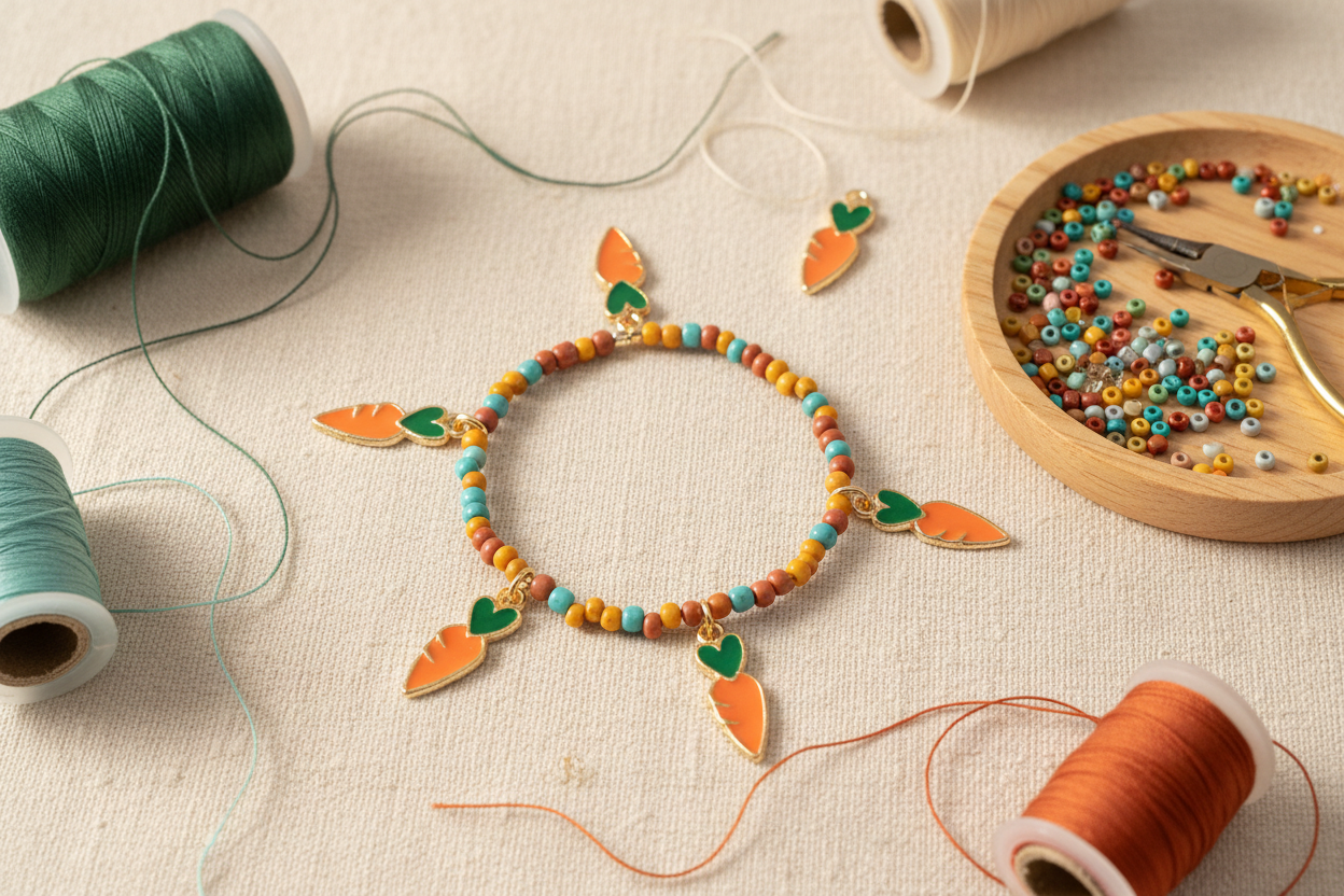 A handmade beaded bracelet with carrot charms is displayed on a textured cream fabric, surrounded by spools of thread and a wooden tray of colorful beads and small tools.