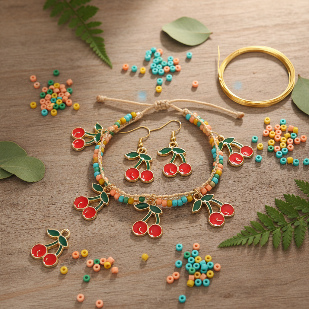 A beaded jewelry set featuring cherry charms, including a bracelet, matching earrings, and a gold wire bracelet, arranged on a wooden surface with decorative green leaves and loose beads.