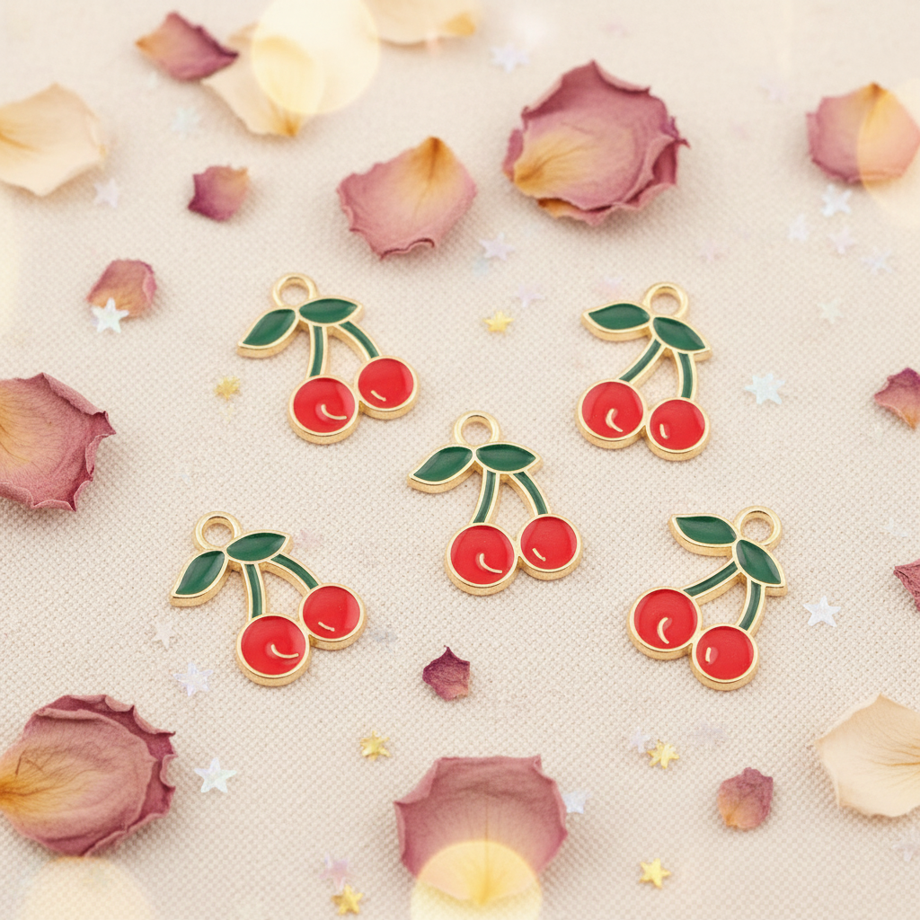 Five cherry-shaped enamel charms with red cherries, green leaves, and gold-tone borders are arranged on a light beige textured background with scattered dried rose petals and small star confetti.