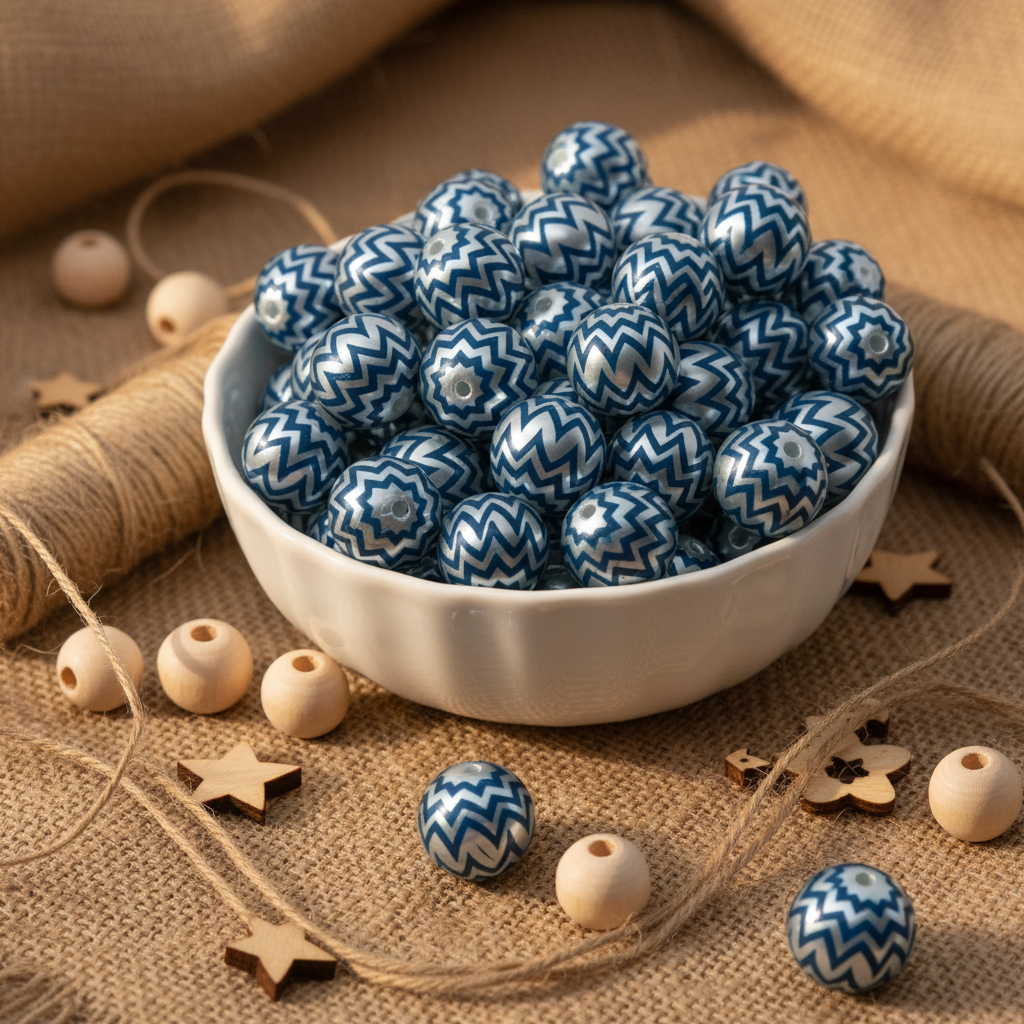 A white ceramic bowl filled with blue and silver chevron-patterned beads, arranged on a burlap surface with loose wooden beads, string, and star-shaped decorations.