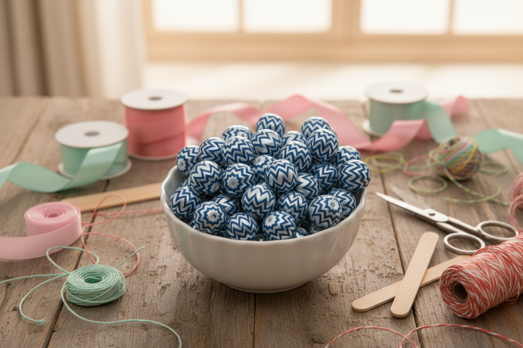 A white ceramic bowl filled with blue and silver chevron patterned beads, styled on a rustic wooden table with craft supplies like spools of ribbon, twine, scissors, and wooden sticks.