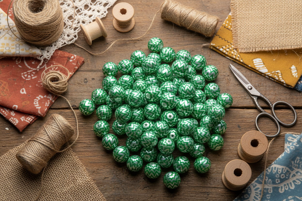 A pile of green and silver patterned chevron round craft beads arranged on a rustic wooden table, surrounded by spools of twine, fabric pieces, scissors, and wooden spools.