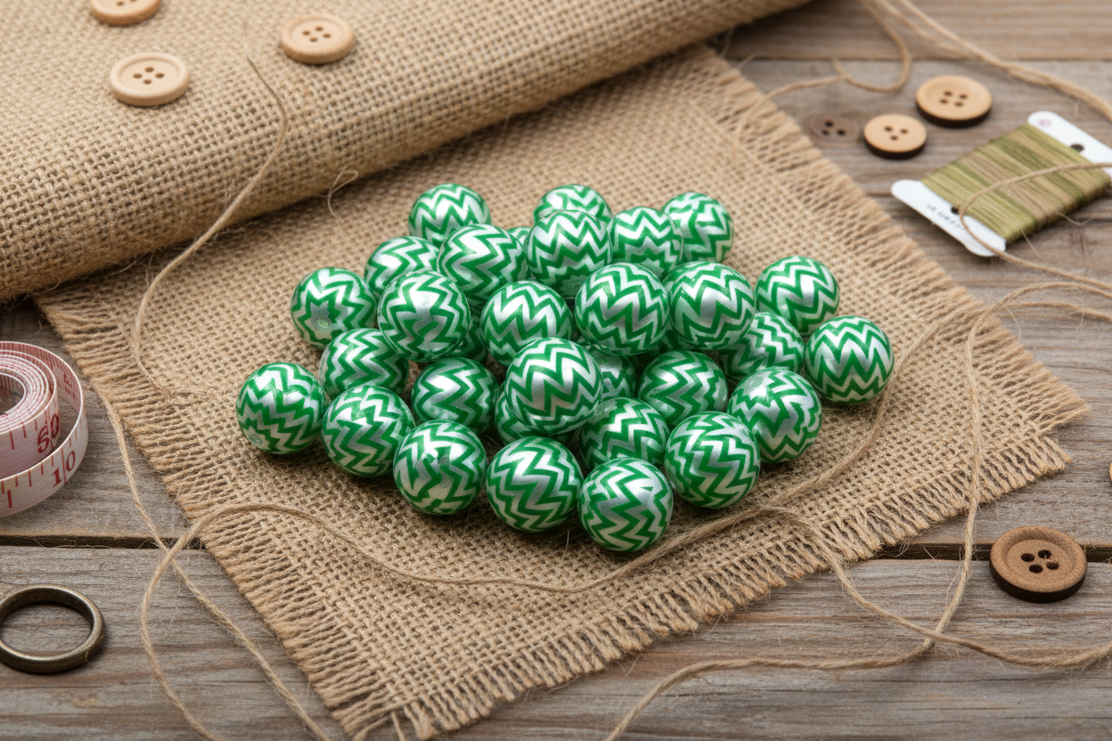 A pile of green and silver chevron-patterned beads arranged on a piece of burlap over a rustic wooden surface, with sewing and crafting props including buttons, thread, and a measuring tape visible around it.