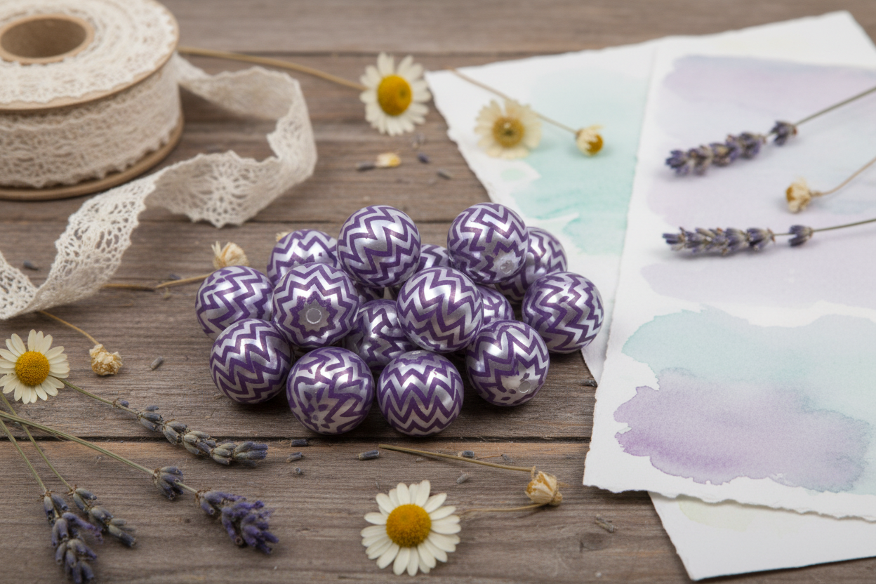 A cluster of purple and silver chevron-patterned bubblegum beads arranged on a rustic wooden surface, surrounded by decorative props including lavender sprigs, white daisies, lace ribbon, and watercolor paper.