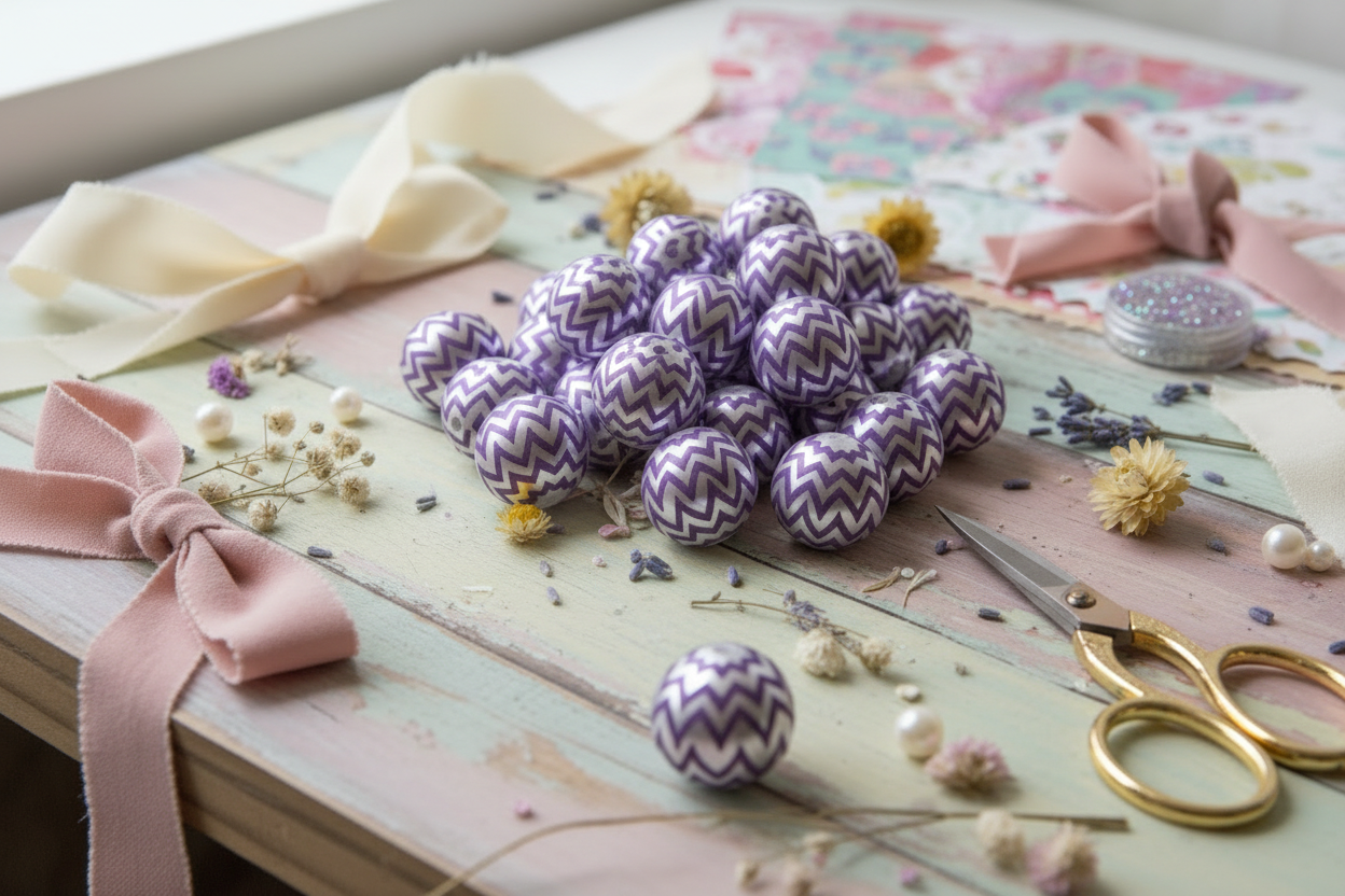 A pile of purple and silver chevron-patterned bubblegum beads arranged on a pastel wooden surface with ribbon bows, dried flowers, scissors, and craft supplies.