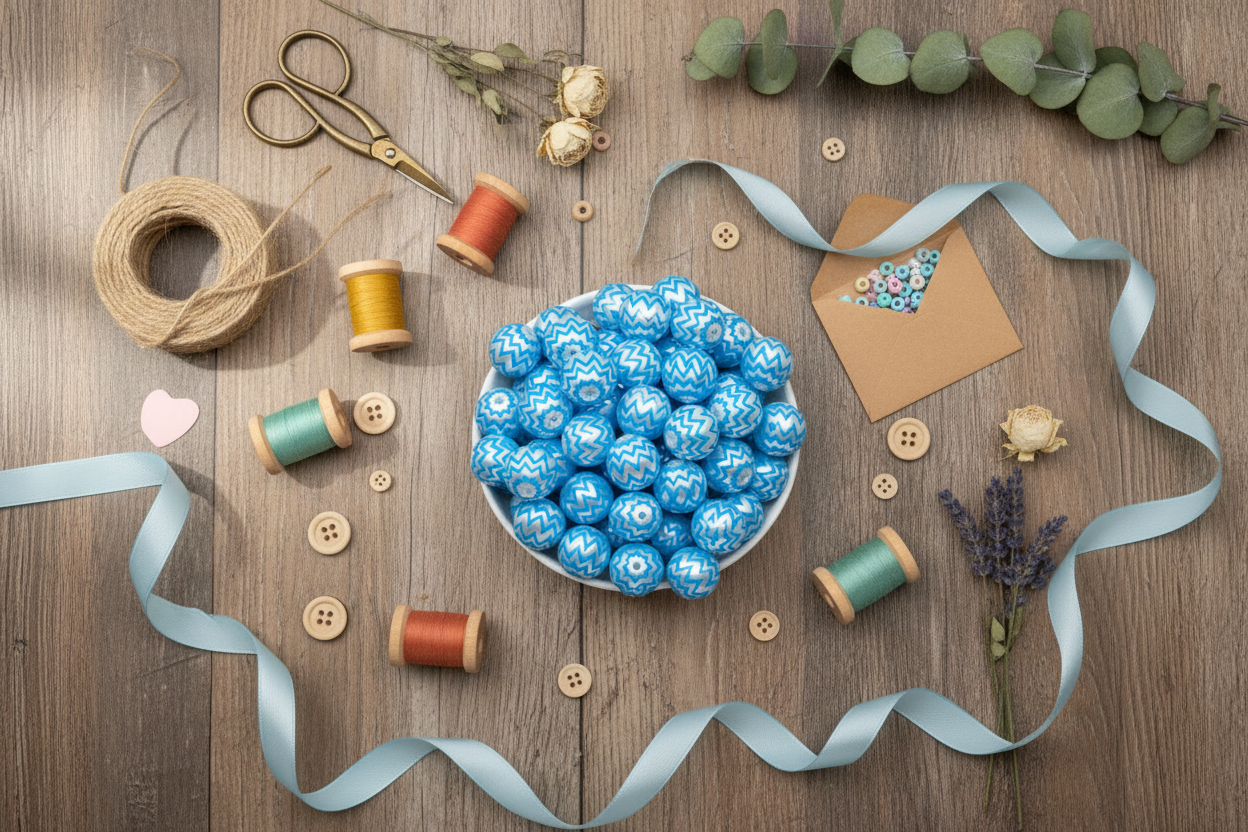 A styled flat-lay of blue and silver chevron patterned beads in a bowl, surrounded by craft supplies including spools of thread, scissors, ribbon, buttons, twine, and dried flowers on a wooden surface.