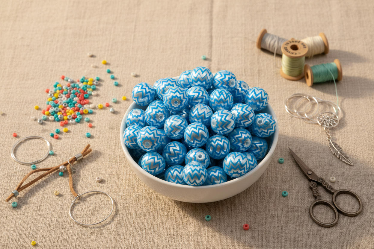 A white bowl filled with blue and silver chevron patterned round beads, styled on a beige fabric surface with spools of thread, small colorful beads, metal rings, and scissors.