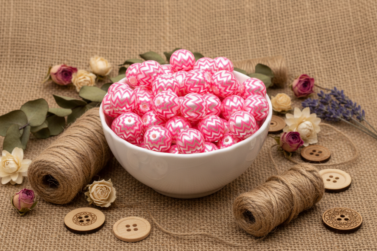 A white ceramic bowl filled with pink and silver chevron patterned round beads, styled on a burlap surface with twine spools, buttons, dried flowers, and greenery.