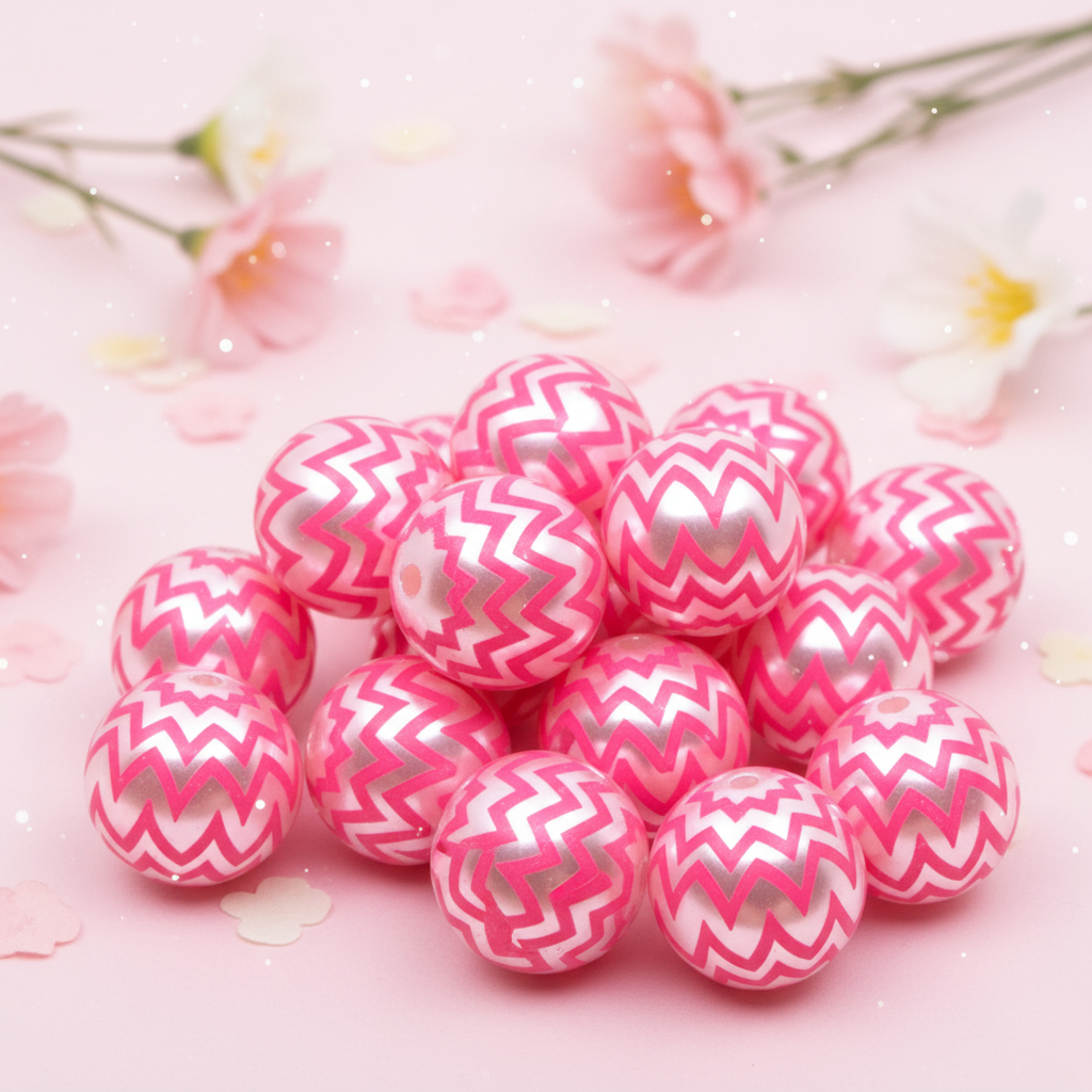 A pile of  pink and silver chevron-patterned round beads on a soft pink background with blurred flowers.
