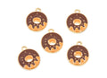 Five donut-shaped jewelry charms with gold-tone edges, featuring a dark brown chocolate-glazed design with orange icing details, arranged on a plain white background.