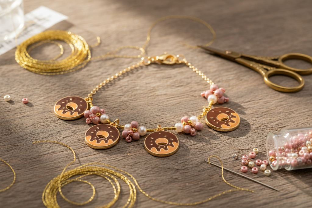 A gold chain bracelet with four round brown donut charms, pink and white beads, and gold wire loops, displayed on a rustic wooden table with crafting tools like scissors and beads.