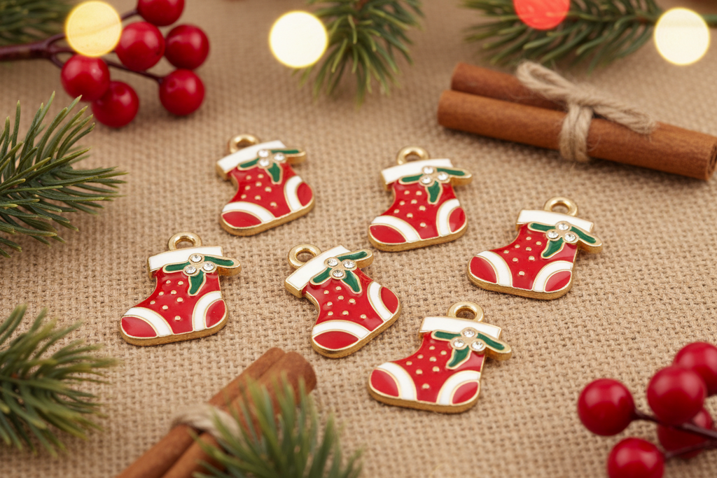 Six Christmas stocking charms with gold-plated edges, red and white enamel, and green leaf accents, arranged on a burlap surface with holiday decorations like pine branches, cinnamon sticks, and red berries.