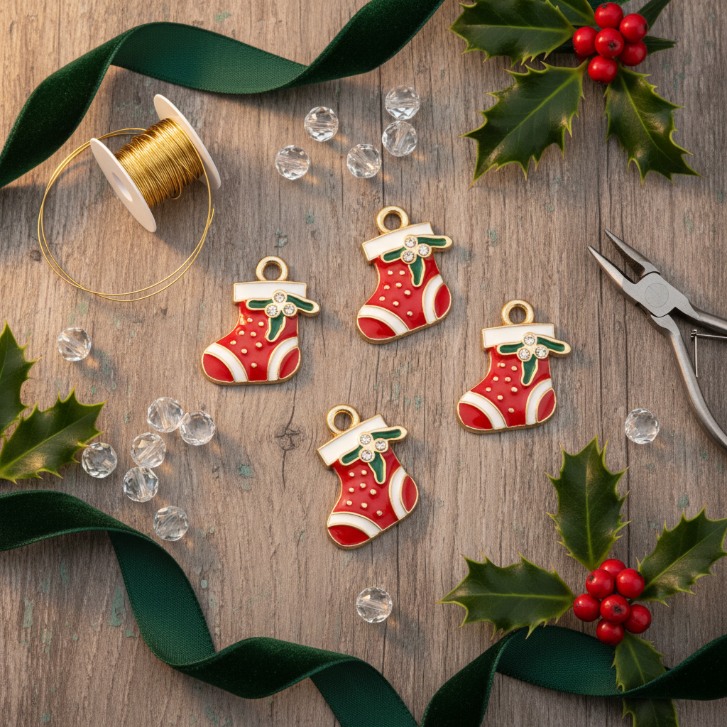 Four red and white Christmas stocking charms with gold-tone loops are arranged on a rustic wooden surface with holiday-themed props including green ribbon, holly leaves, red berries, clear glass beads, and metal wire snips.