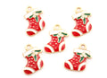 Five Christmas stocking charms with red enamel, white trim, green holly leaves, and gold-tone metal borders on a plain white background.
