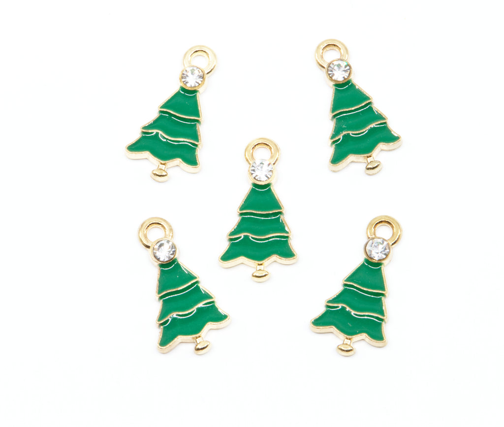 Five green Christmas tree charms with gold trim and a clear rhinestone at the top, arranged on a plain white background.