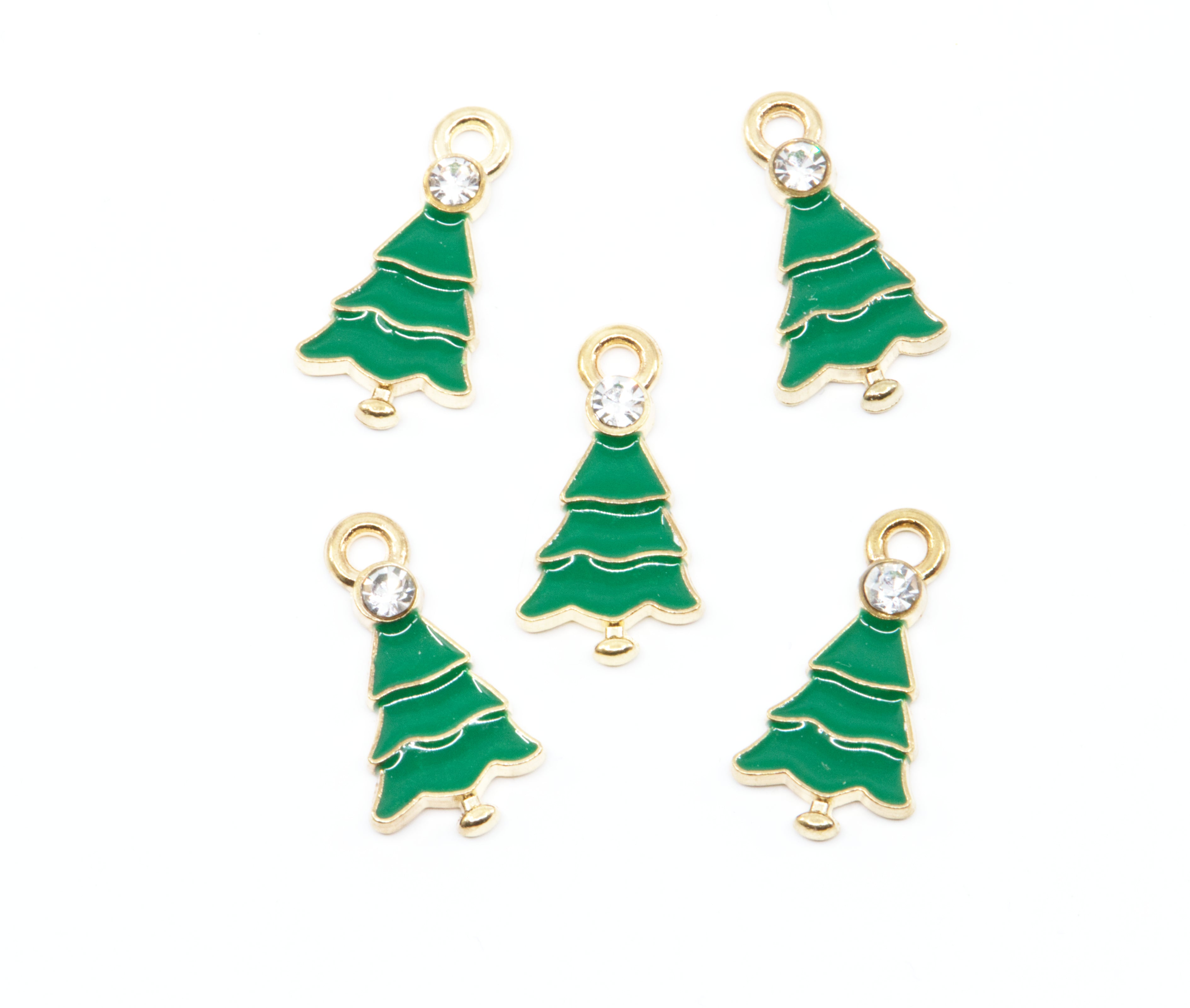 Five green Christmas tree charms with gold trim and a clear rhinestone at the top, arranged on a plain white background.