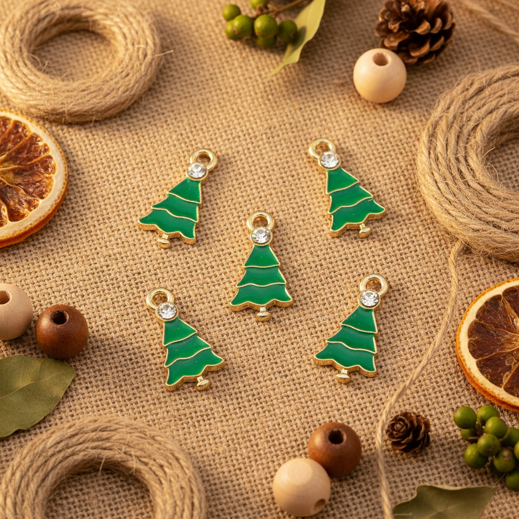 Five green Christmas tree charms with gold trim and clear rhinestones, arranged on a burlap surface with twine, dried orange slices, beads, and pinecones.