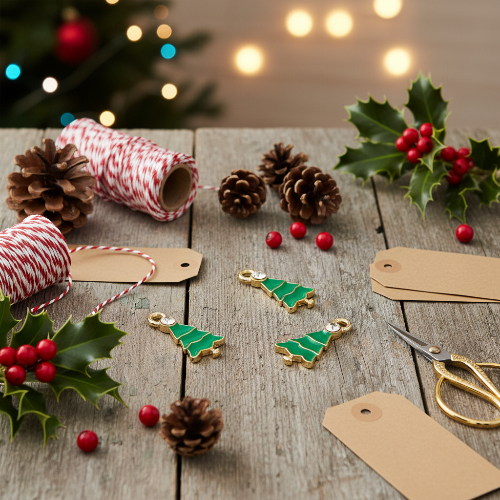 Three gold Christmas tree-shaped charms with green enamel detailing are arranged on a rustic wooden tabletop alongside holiday decorations, including pinecones, holly leaves with red berries, blank kraft paper tags, bakers twine, and gold-handled scissors.