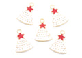 Five Christmas tree-shaped jewelry charms with gold-tone metal borders, white enamel fill, and red star toppers, arranged on a plain white background.