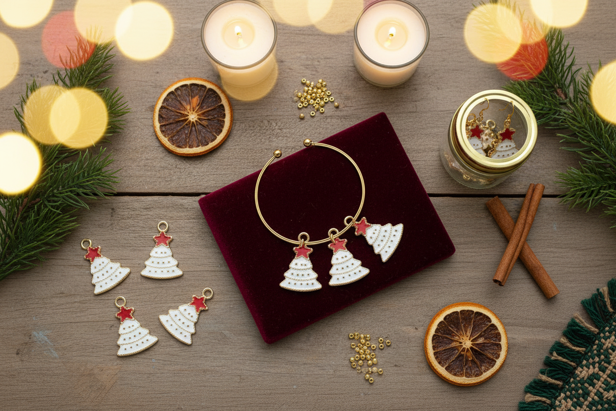 A flat-lay of Christmas tree pendant charms on a gold wire hoop, displayed on a dark red velvet cushion over a rustic wooden table decorated with candles, dried orange slices, pine branches, cinnamon sticks, and bokeh lights.