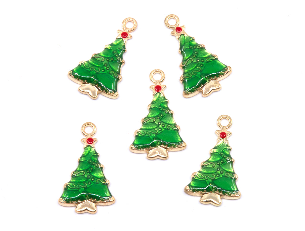 Five green Christmas tree charms with gold-tone borders and small red accents, arranged on a plain white background.
