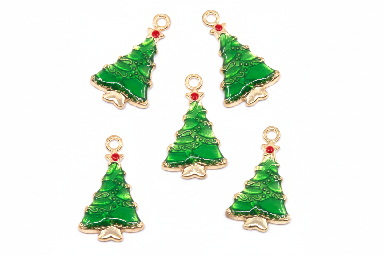 Five green Christmas tree charms with gold-tone borders and small red accents, arranged on a plain white background.