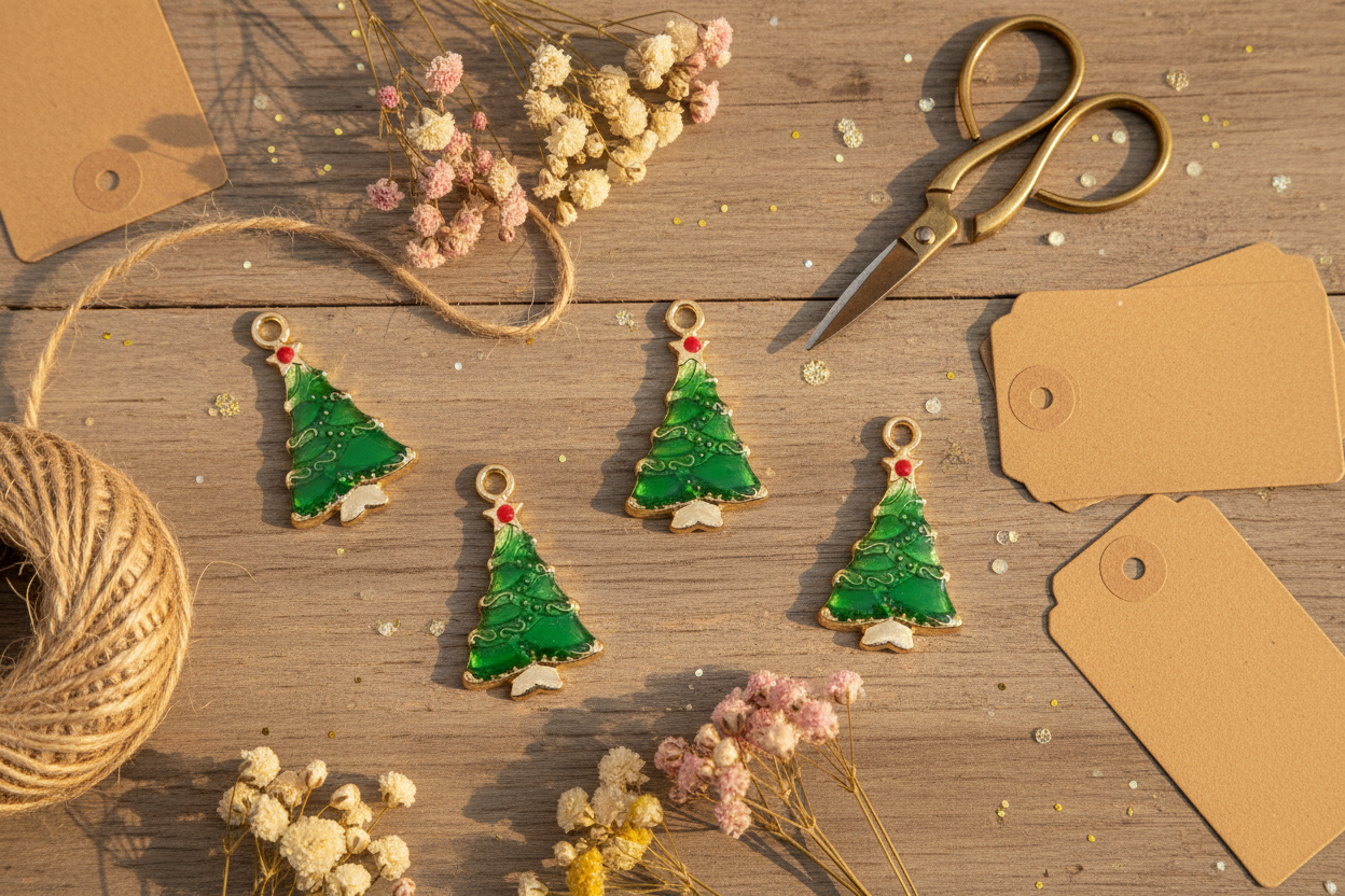 Four Christmas tree-shaped jewelry charms with green glittery bodies, gold-tone loops, and small red and white accents, arranged on a wooden surface with scissors, twine, paper tags, and dried flowers.