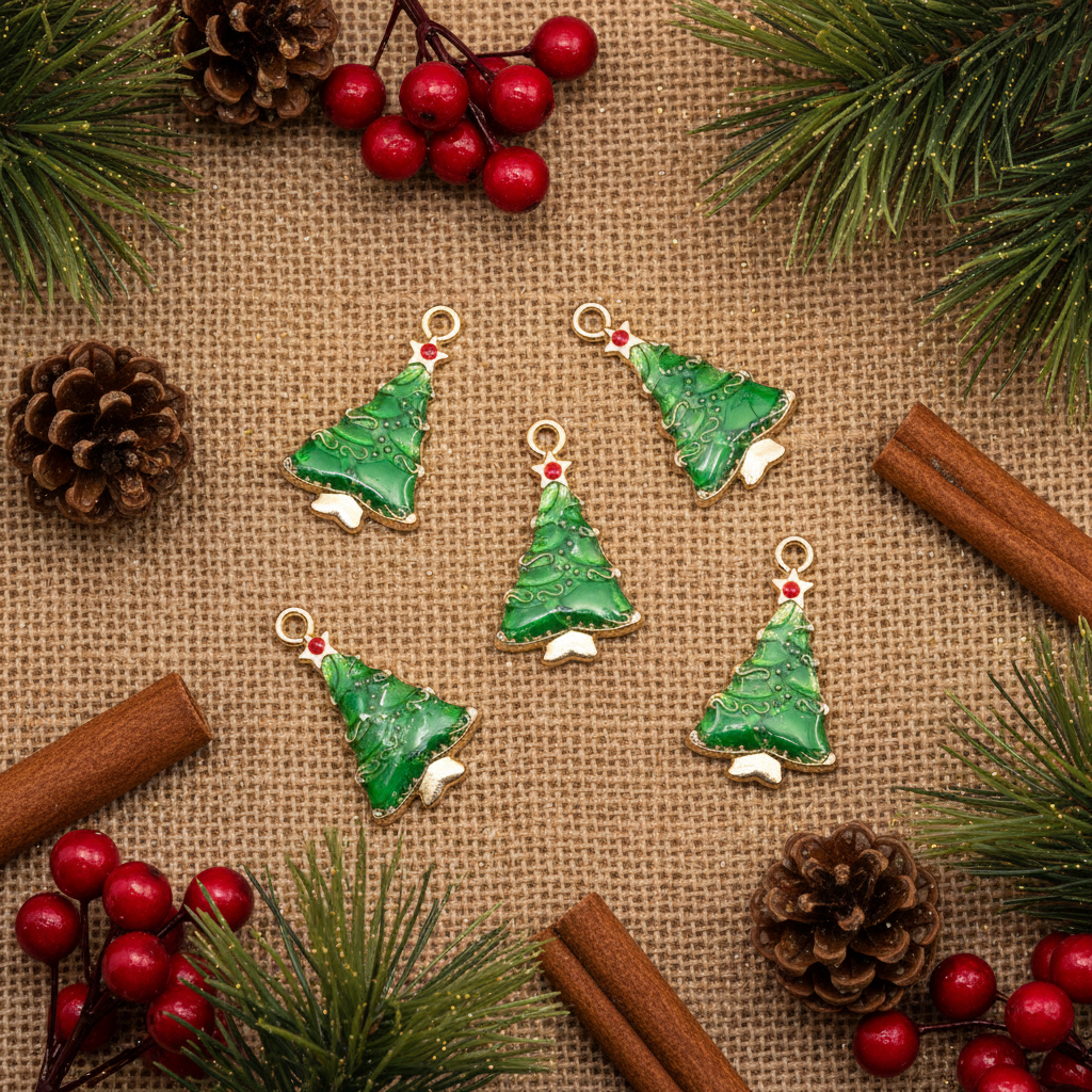 Five green Christmas tree-shaped jewelry charms with gold-tone loops and small red and white accents, arranged on a burlap surface with pine branches, pinecones, cinnamon sticks, and red berries around them.