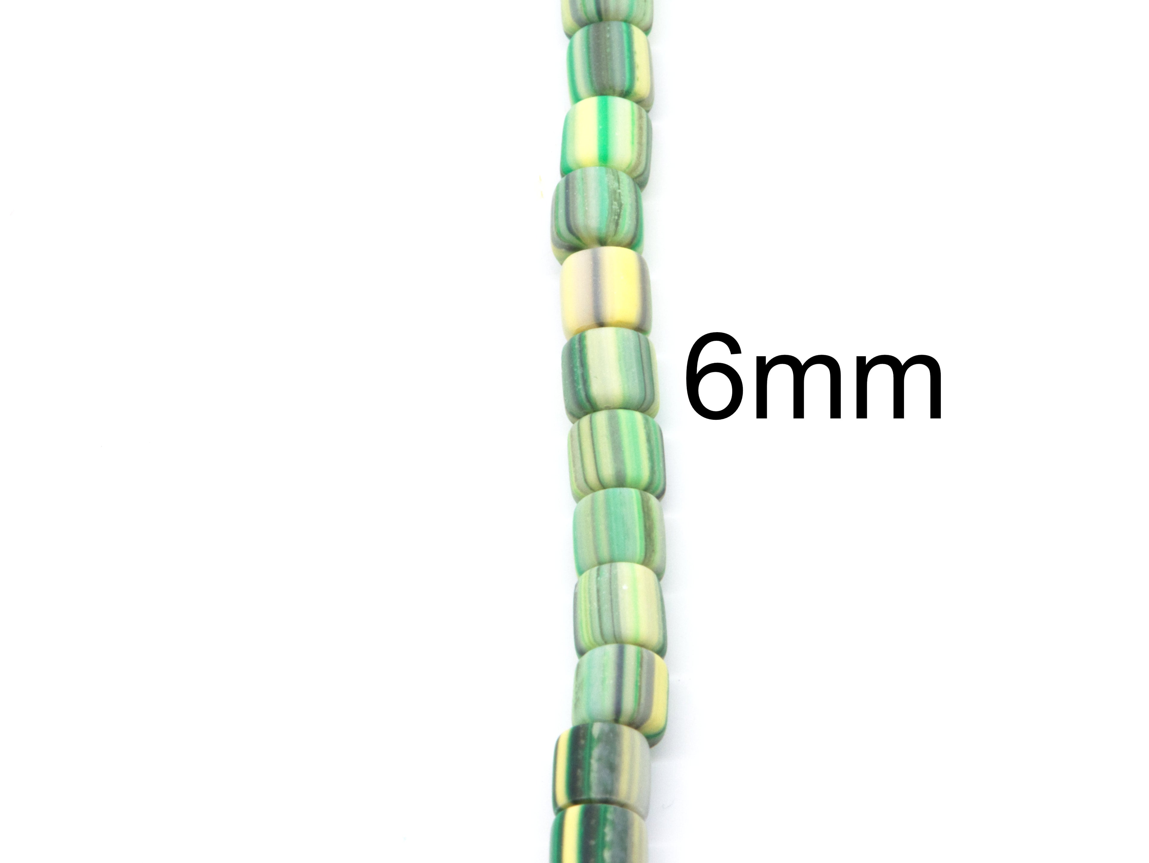 A single strand of barrel beads with a green and white striped pattern, shown vertically on a white background with '6mm' text overlay to show bead size.