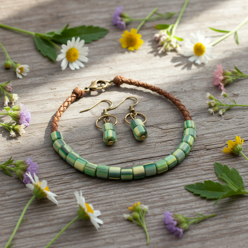 A handmade jewelry set featuring a beaded necklace and matching drop earrings, styled on a rustic wooden surface with small wildflowers. The necklace has a brown braided leather band and green and yellow striped polymer clay beads, while the matching earrings have similar green and yellow striped beads on gold-tone hooks.