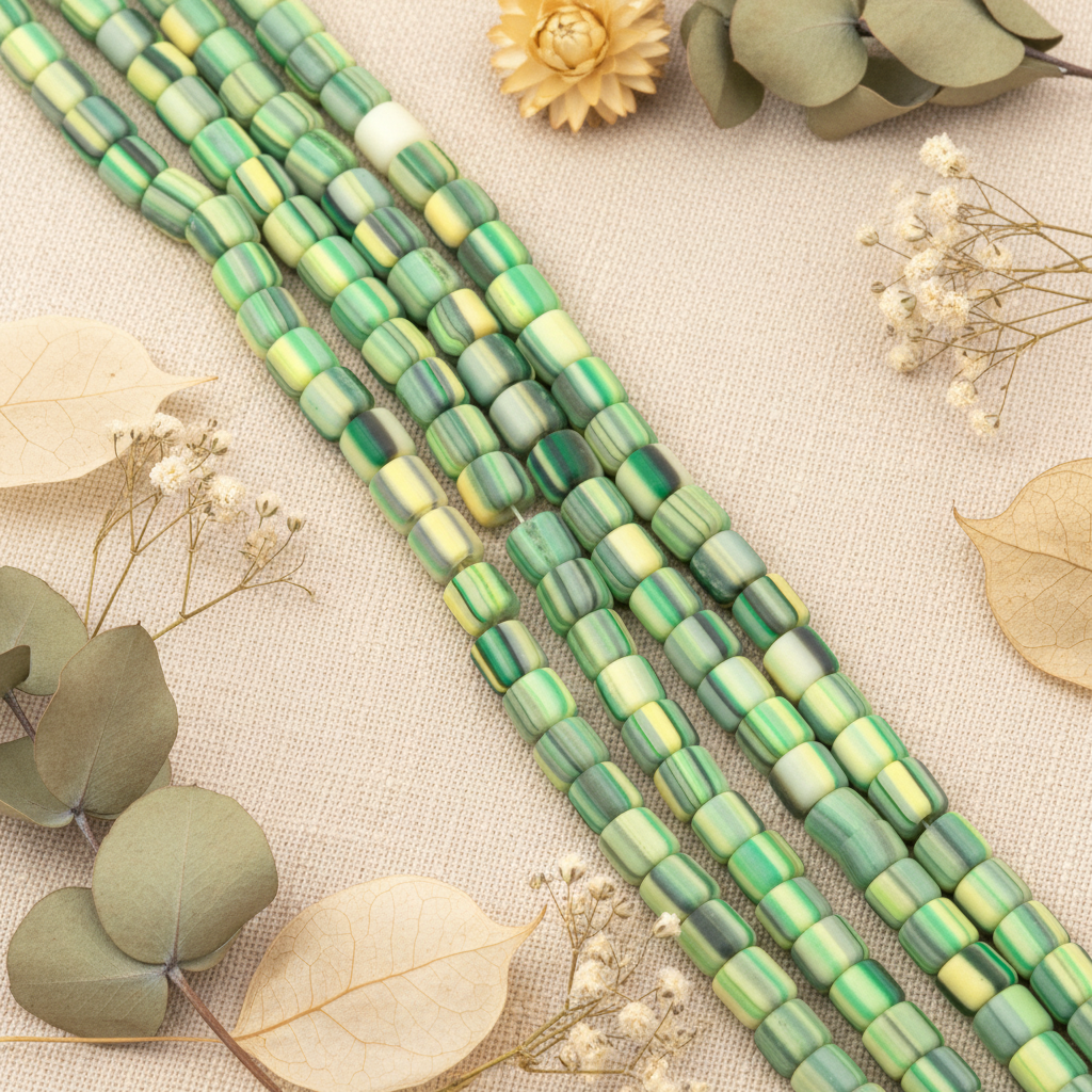 Multiple strands of polymer clay barrel green beads with alternating light and dark green stripes, arranged diagonally on a beige linen fabric with dried eucalyptus leaves and small white flowers.