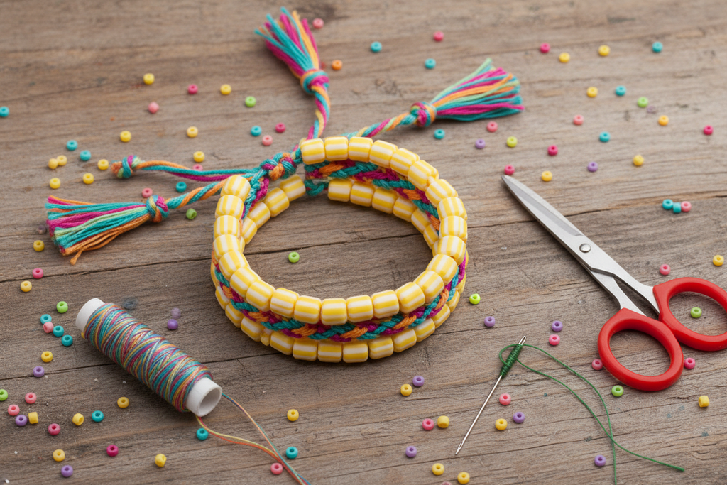 A handmade beaded bracelet made of striped polymer clay barrel beads with multicolored braided cord and tassels, displayed on a wooden surface with crafting tools including scissors, a spool of thread, beads, and pins.