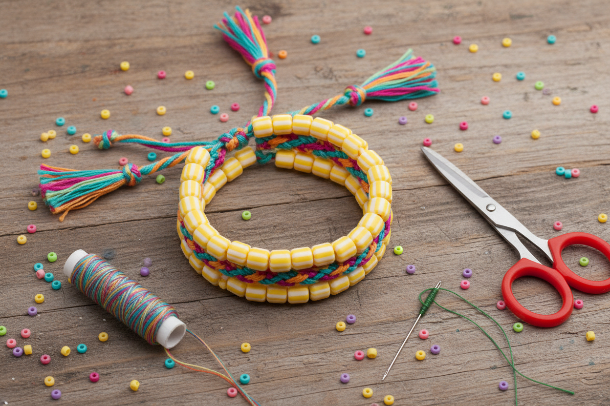 A handmade beaded bracelet made of striped polymer clay barrel beads with multicolored braided cord and tassels, displayed on a wooden surface with crafting tools including scissors, a spool of thread, beads, and pins.