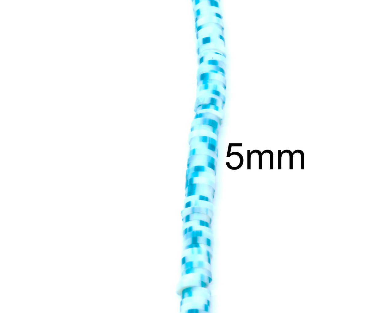 A close-up of a single strand of blue polymer clay disc beads shown vertically on a plain white background with the text '5mm' overlaid to indicate its size